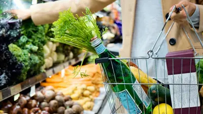 Person grocery shopping with a hand basket